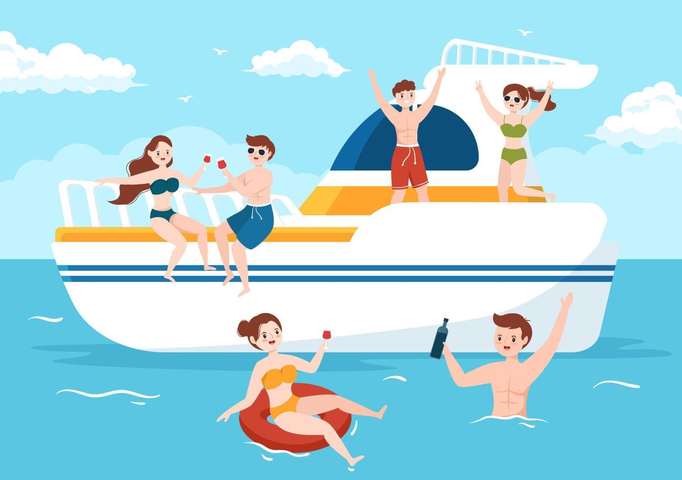 yachtschablone handgezeichnete flache illustration der karikatur mit menschen, die tanzen, sonnenbaden, cocktails trinken und sich auf einer kreuzfahrtyacht am ozean entspannen vektor