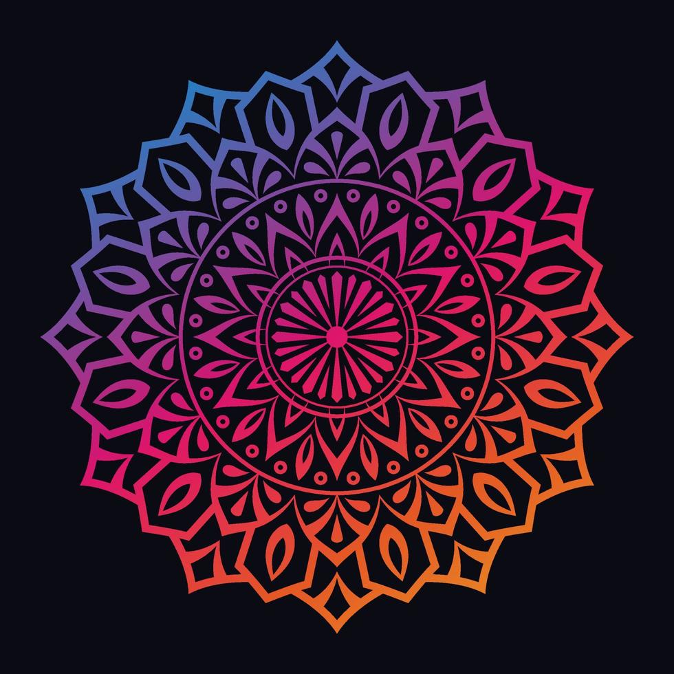 Farbverlauf-Mandala auf schwarzem, isoliertem Hintergrund. abstraktes Mandala-Design für Yoga, Meditationsposter, Banner, Tapeten, Dekorationsornamente vektor