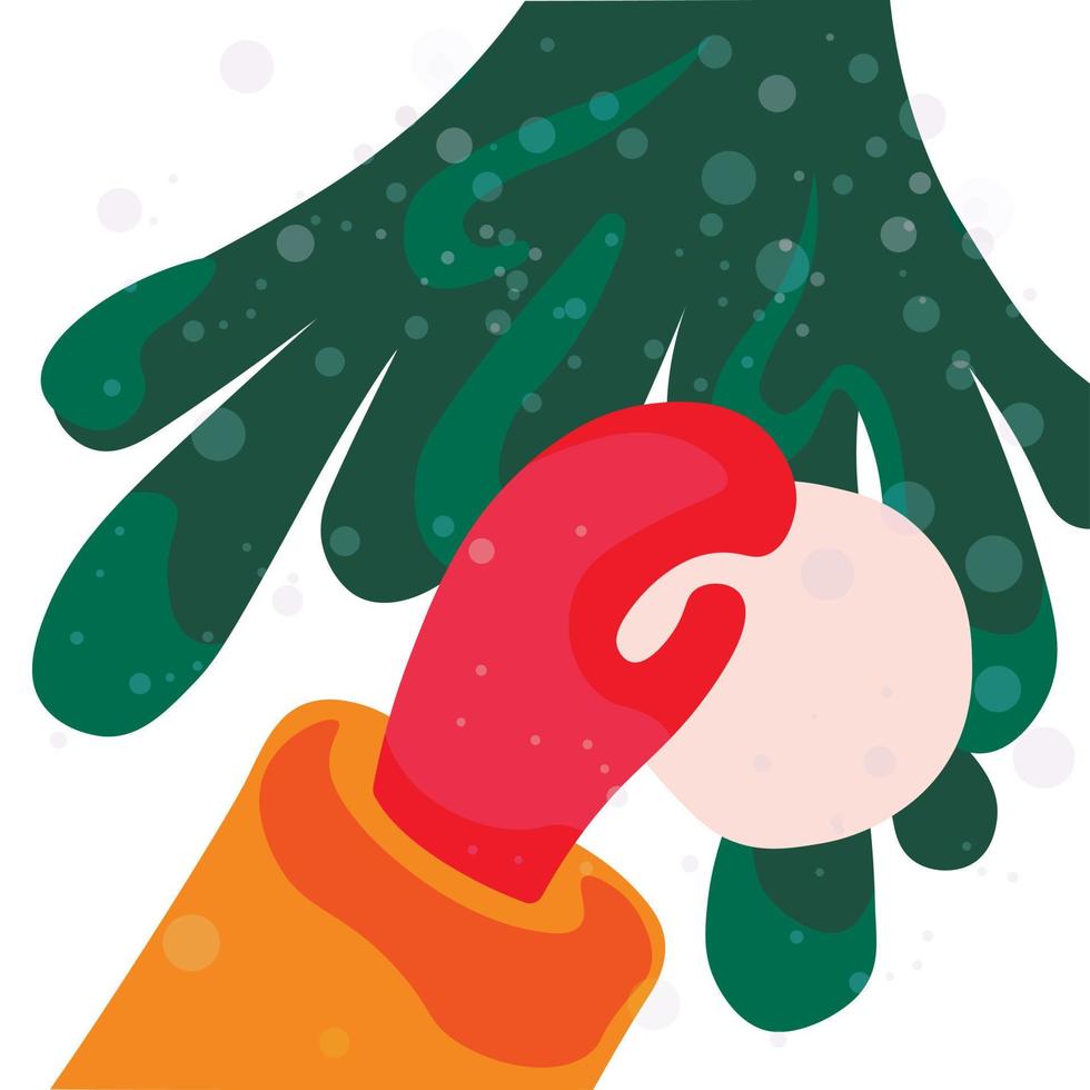 Eine behandschuhte Hand hält eine Schneekugel. Vektor-Weihnachtskarte. grüner weihnachtsbaum. Schneewetter draußen. Winter. vektor