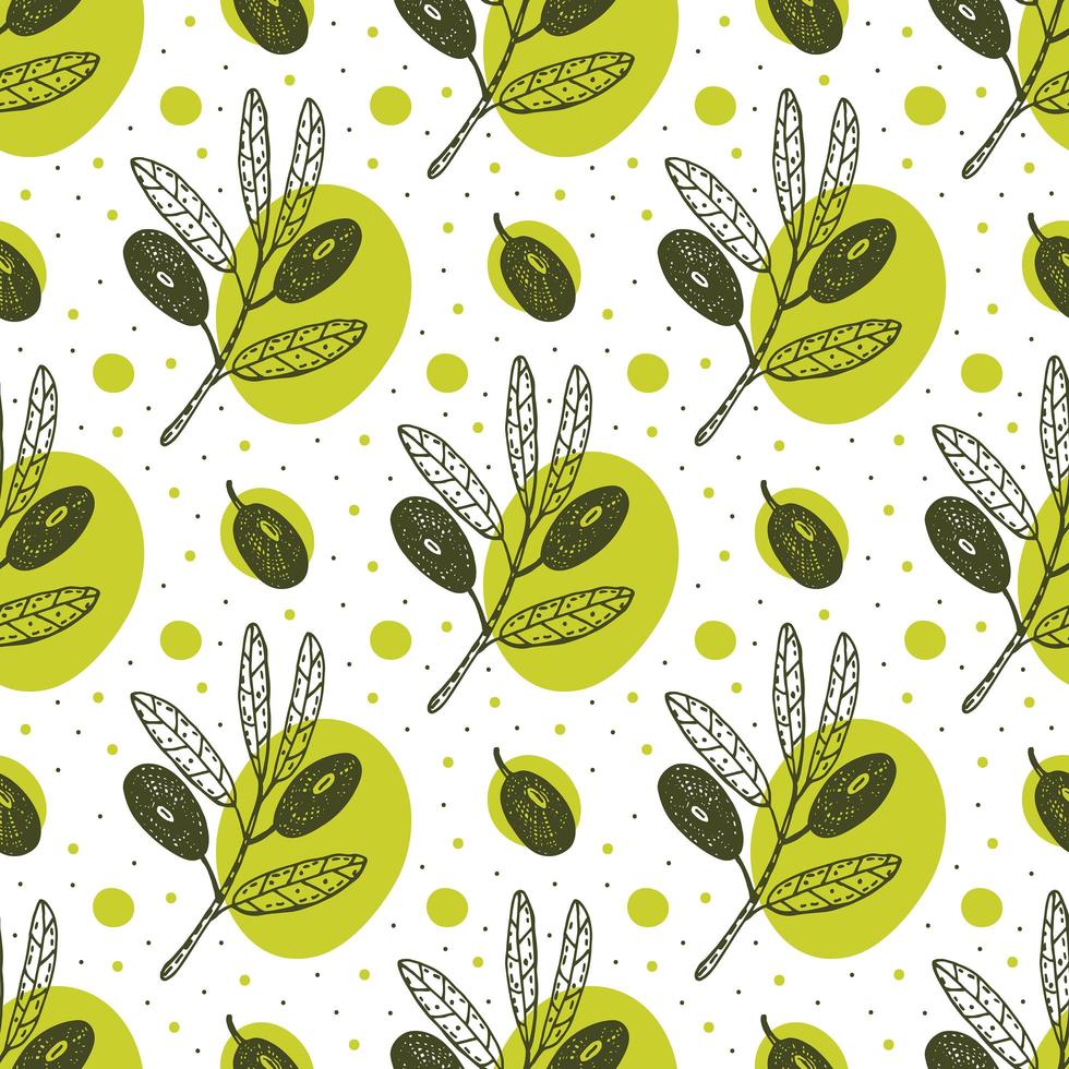 Olivenfrucht, Zweig Hand gezeichnet nahtloses Muster. vektor