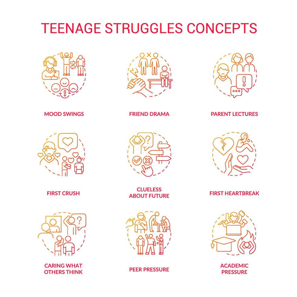 Tonårs kämpar röd lutning begrepp ikoner uppsättning. större problem vänd tonåring aning tunn linje Färg illustrationer. jämlikar tryck. isolerat symboler. vektor