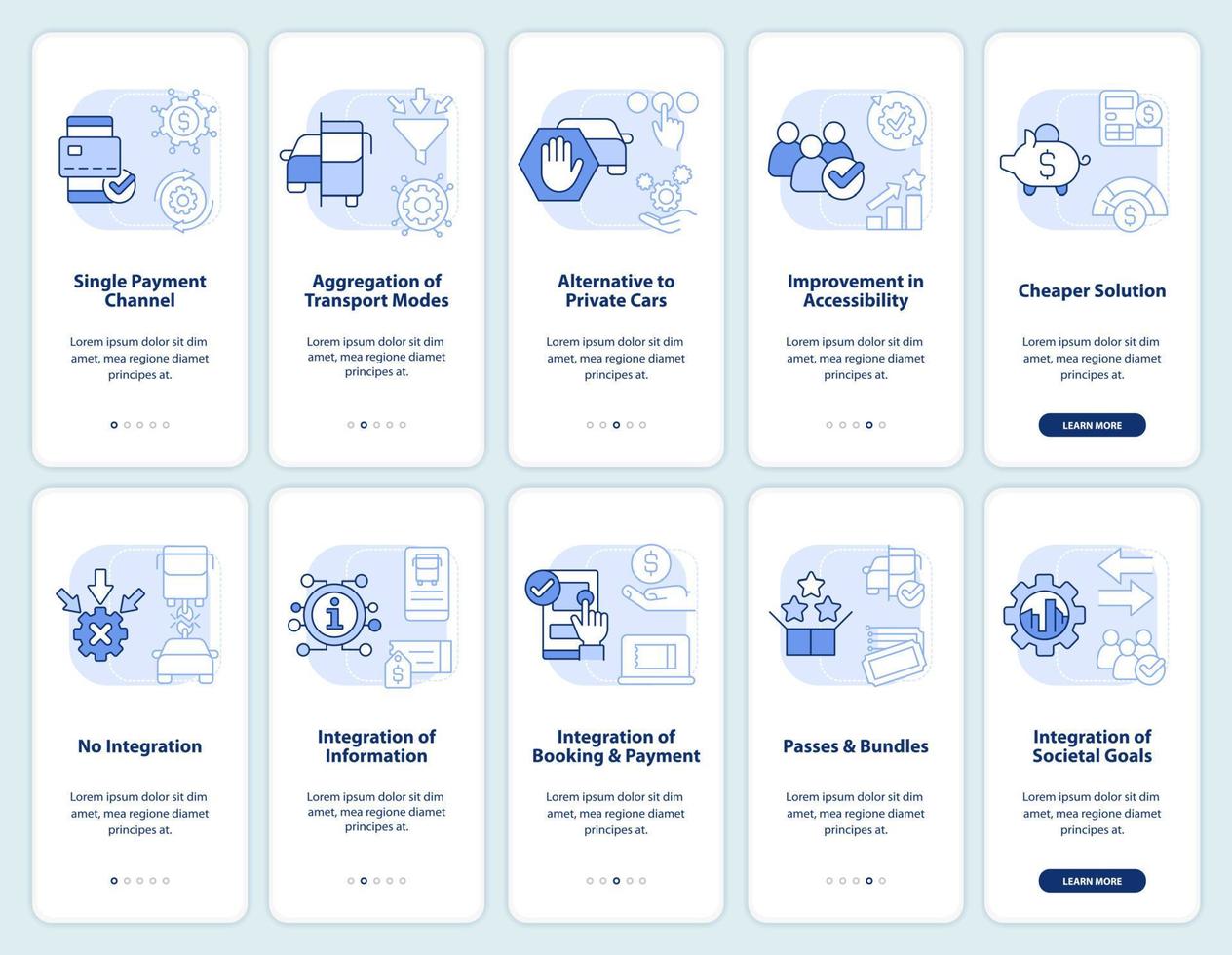 Mobilitätsdienste hellblauer Onboarding-Bildschirmsatz für mobile Apps. Urban Walkthrough 5 Schritte bearbeitbare grafische Anweisungen mit linearen Konzepten. ui, ux, gui-Vorlage. vektor