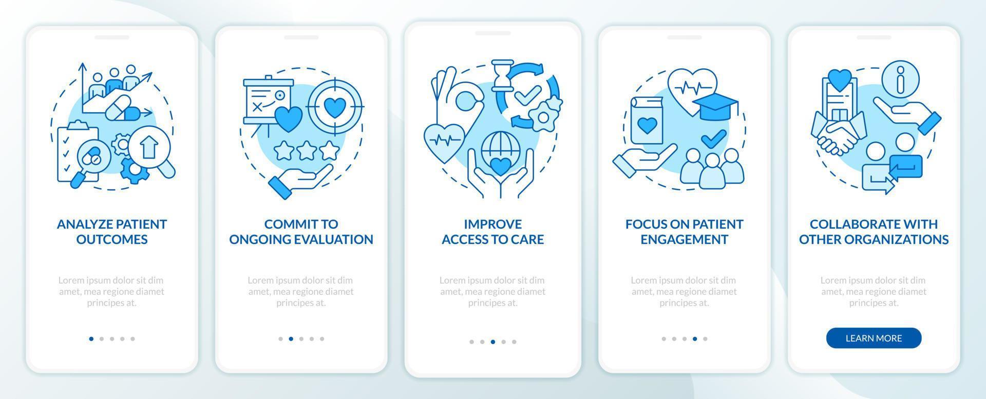 förstärkning hälsa vård systemet blå onboarding mobil app skärm. genomgång 5 steg redigerbar grafisk instruktioner med linjär begrepp. ui, ux, gui mall. vektor