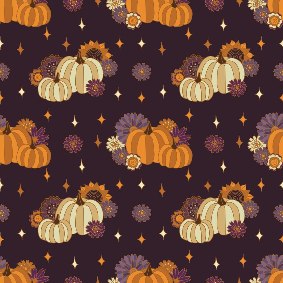 pumpor stjärnor och blommor lila sömlös mönster. 70s boho halloween bakgrund i retro stil vektor illustration.