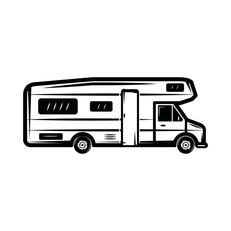 Vintage Retro-Van-Bus für Camping. kann wie emblem, logo, abzeichen, etikett verwendet werden. markieren, plakatieren oder drucken. monochrome Grafik. vektor