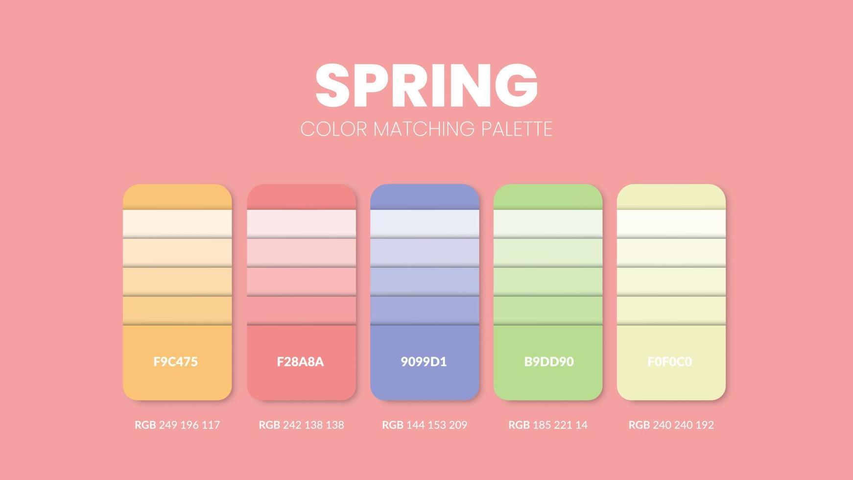 vårtema färgpaletter eller färgscheman är trendkombinationer och palettguider i år, ett bord färgnyanser i rgb eller hex. ett färgprov för vårens mode-, hem- eller inredningsdesign. vektor