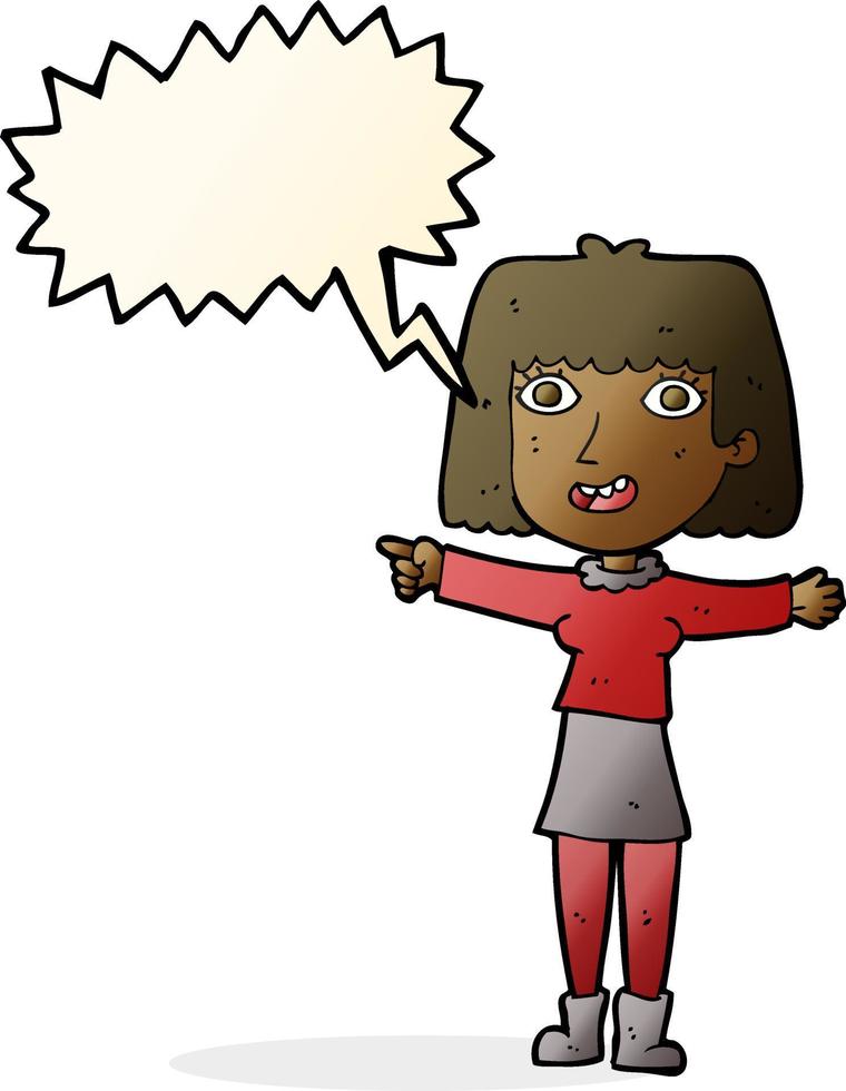 tecknad serie Lycklig kvinna pekande med Tal bubbla vektor