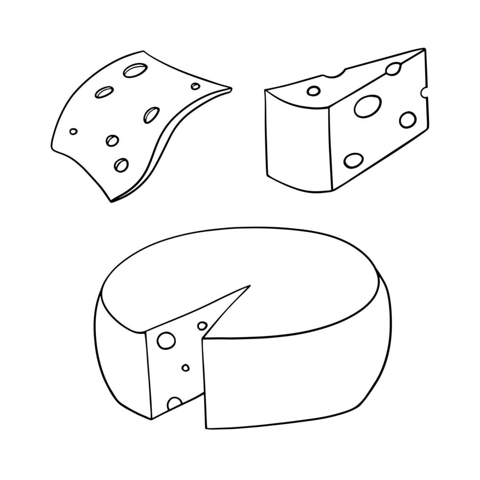 monochromes Icon-Set, großer Käsekopf, Käsescheibe, dreieckiges Stück Käse, Vektor im Cartoon-Stil auf weißem Hintergrund