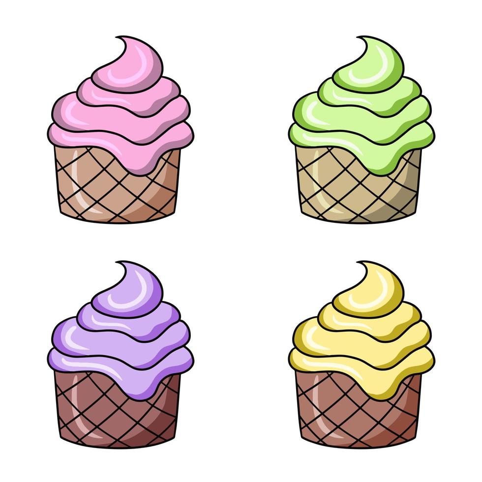 en uppsättning av färgad ikoner, en utsökt muffin med en delikat annorlunda grädde, en vektor illustration i tecknad serie stil på en vit bakgrund