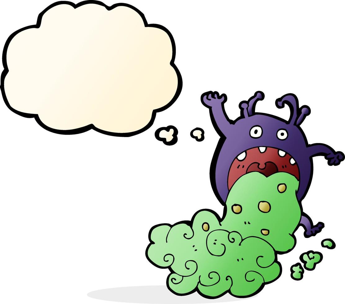 tecknad serie äckligt monster varelse sjuk med trodde bubbla vektor