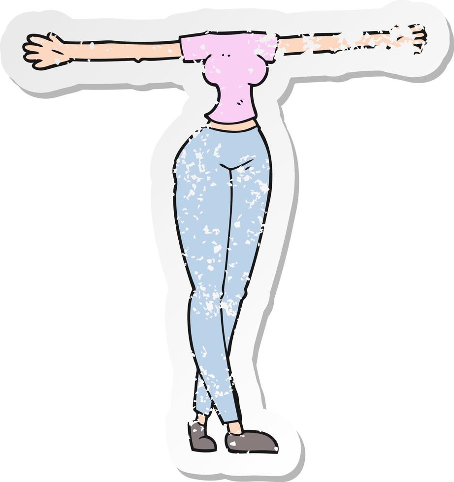 Retro-Distressed-Aufkleber eines Cartoon-Frauenkörpers mit breiten Armen vektor