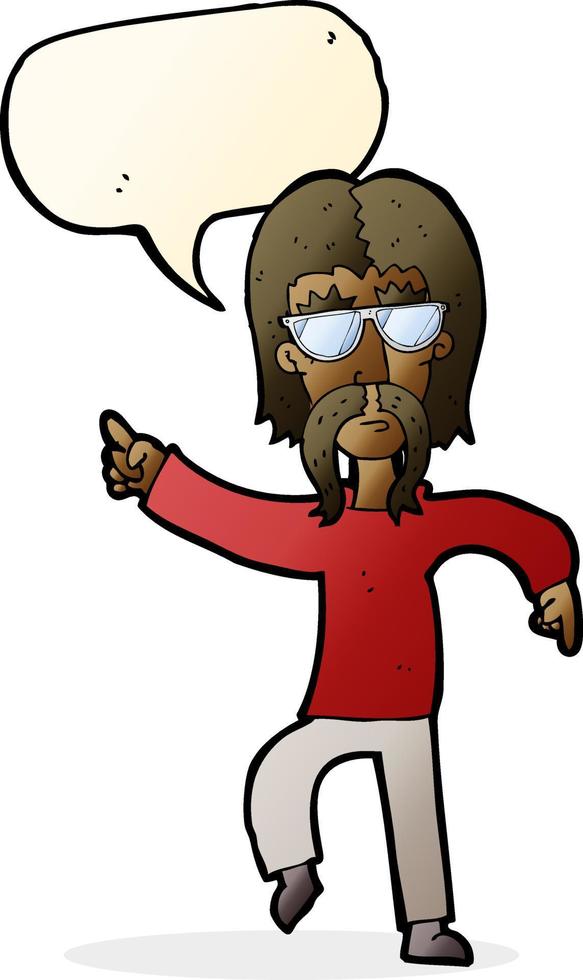 Cartoon-Hippie-Mann mit Brille mit Sprechblase vektor