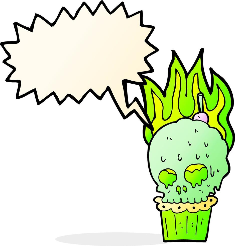 Cartoon gruseliger Schädel Cupcake mit Sprechblase vektor