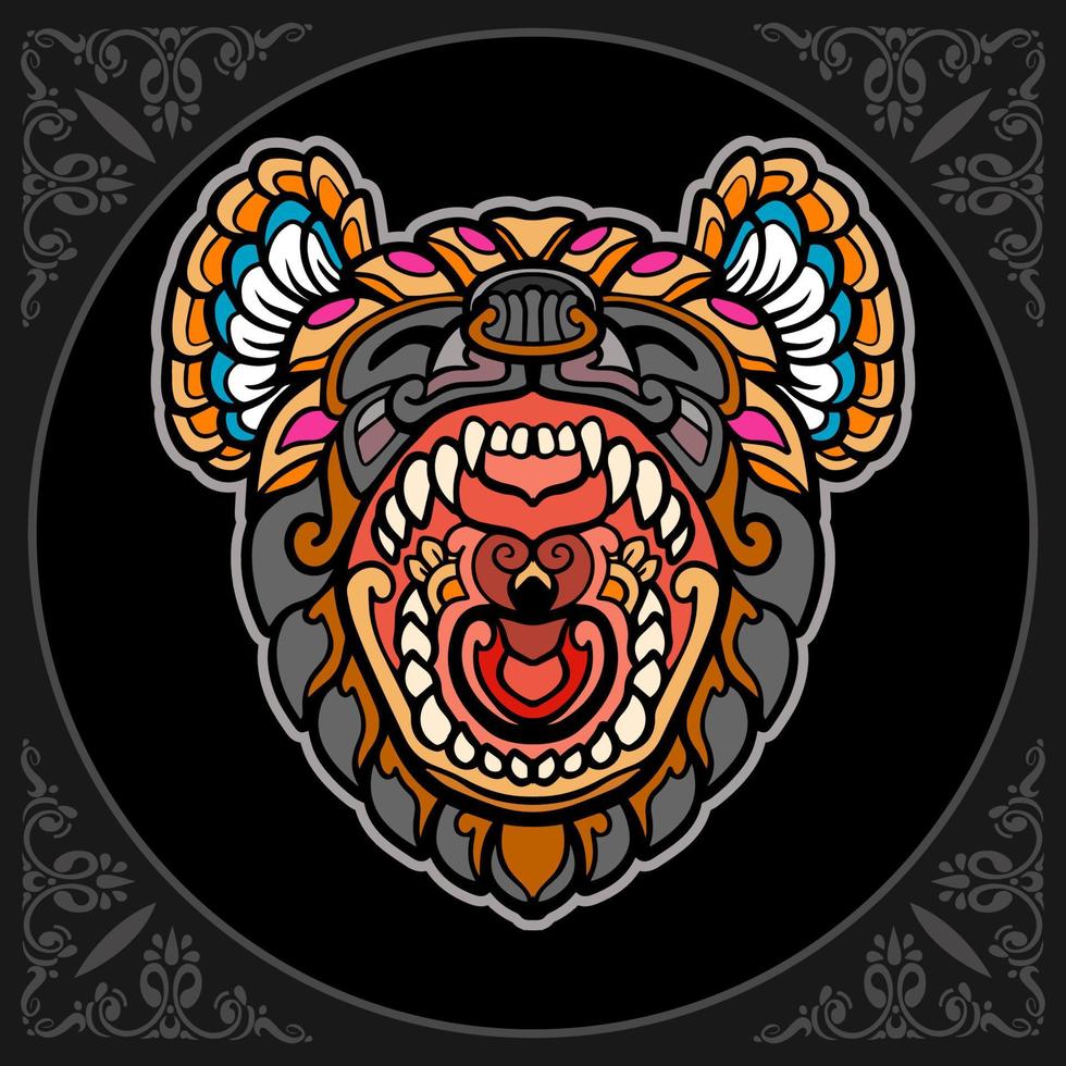 bunte Hyänenkopf-Mandala-Kunst isoliert auf schwarzem Hintergrund vektor