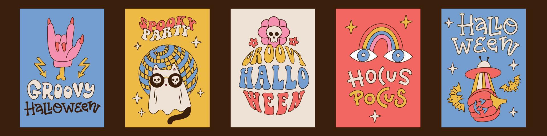 retro halloween kort uppsättning i 70-80-tal stil witj text och font text. baner för läskigt fest. häftig hälsning kort. vägg konst affisch bakgrunder. vektor linjär hand dragen illustration. a4 storlek