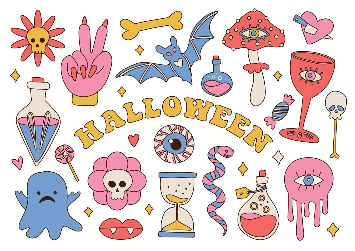 grooviges Halloween-Element im Retro-Hippie-Stil der 70er Jahre. psychedelische Sammlung von Hippie-Design-Aufklebern. die Kraft der Monstermagie. lineare handgezeichnete illustration. vektor