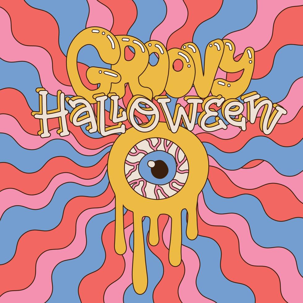 häftig 70s retro stil affisch eller kort för läskigt halloween fest. smältande monster med enda öga på vågig strålar bakgrund. hand dragen vektor illustration med text text.