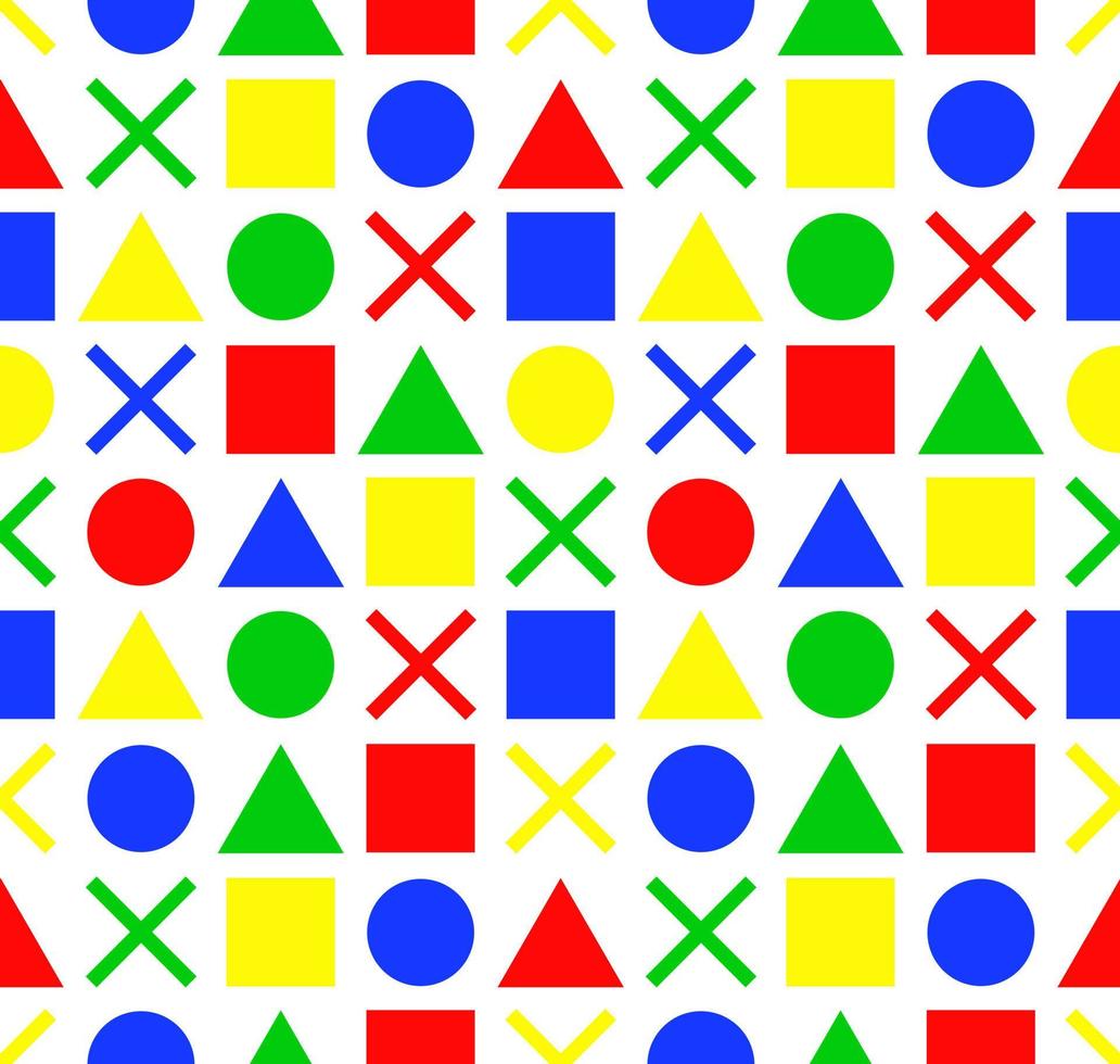 geometrische Figuren bestehen aus Quadraten, Dreiecken, Kreisen und Kreuzen, die abwechselnd in Farben und Formen angeordnet sind, wobei Gelb, Rot, Blau und Grün ein nahtloses Muster bilden. vektor