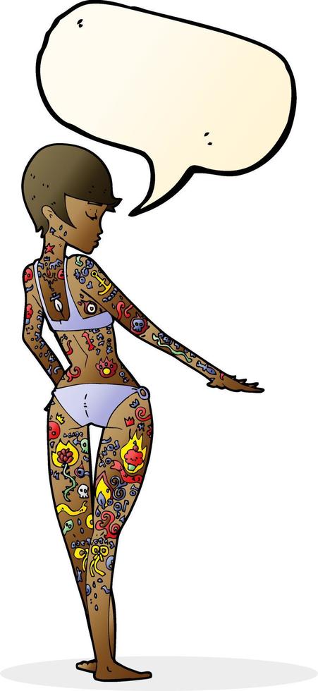 Cartoon-Bikini-Mädchen mit Tätowierungen mit Sprechblase bedeckt vektor