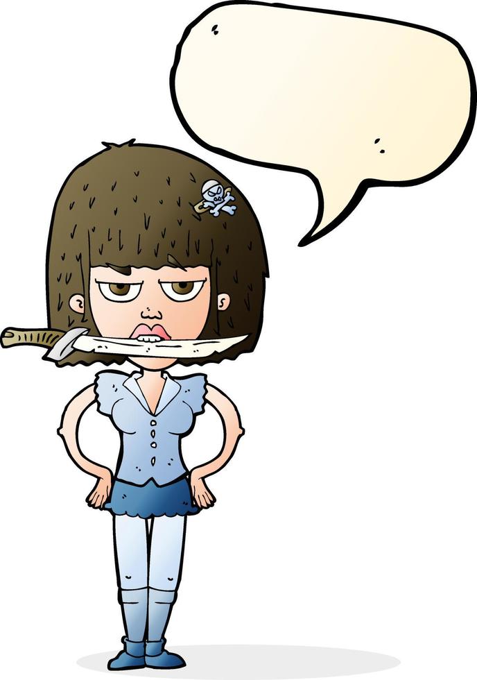 Cartoon-Frau mit Messer zwischen den Zähnen mit Sprechblase vektor