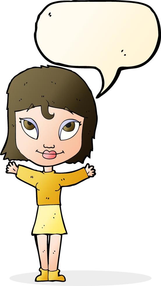 Cartoon-Frau mit offenen Armen mit Sprechblase vektor