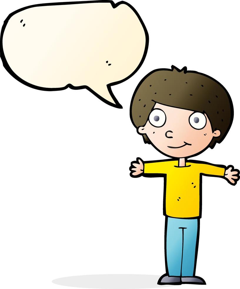Cartoon glücklicher Junge mit offenen Armen mit Sprechblase vektor