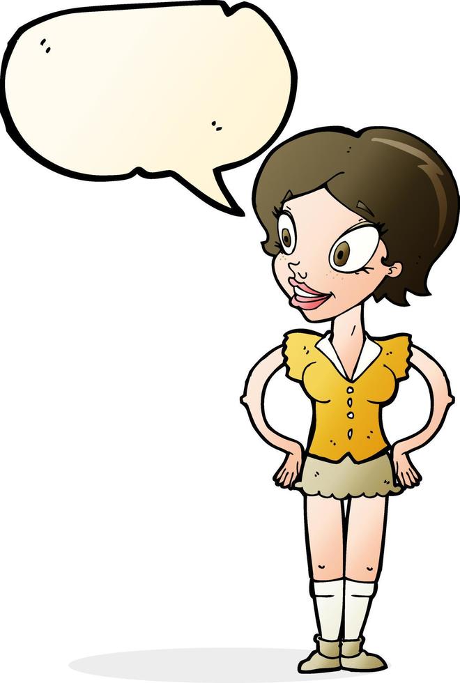 tecknad serie Lycklig kvinna i kort kjol med Tal bubbla vektor