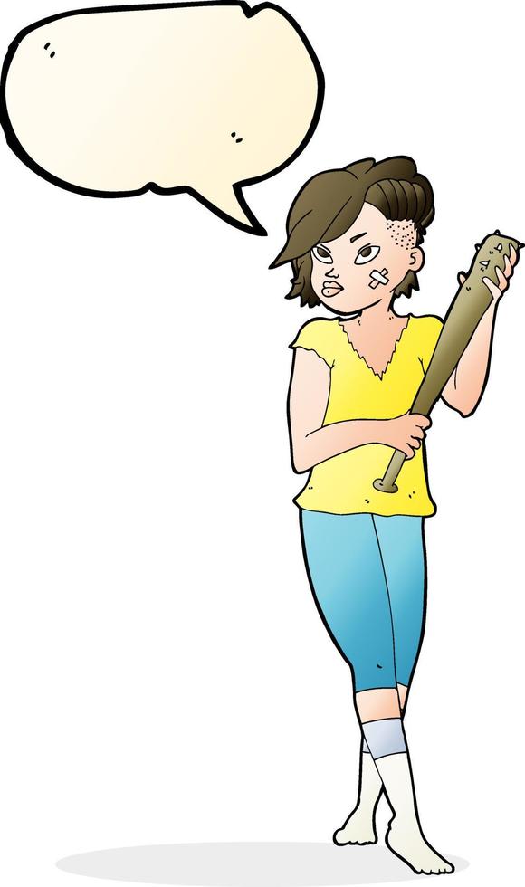 Cartoon hübsches Punk-Mädchen mit Baseballschläger mit Sprechblase vektor