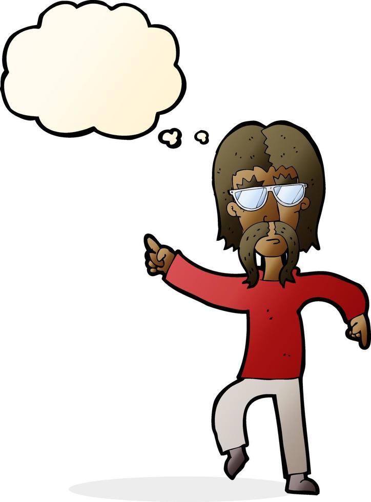 Cartoon-Hippie-Mann mit Brille mit Gedankenblase vektor