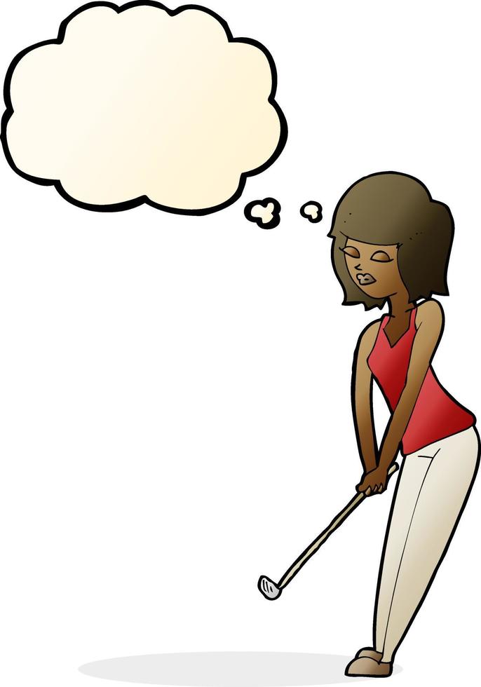 karikaturfrau, die golf mit gedankenblase spielt vektor