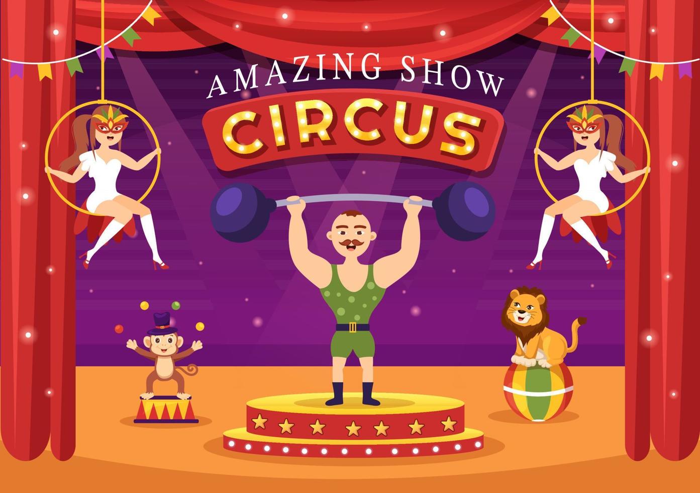 cirkus mall hand dragen tecknad serie platt illustration med visa av gymnast, trollkarl, djur- lejon, värd, underhållare, clowner och nöje parkera vektor