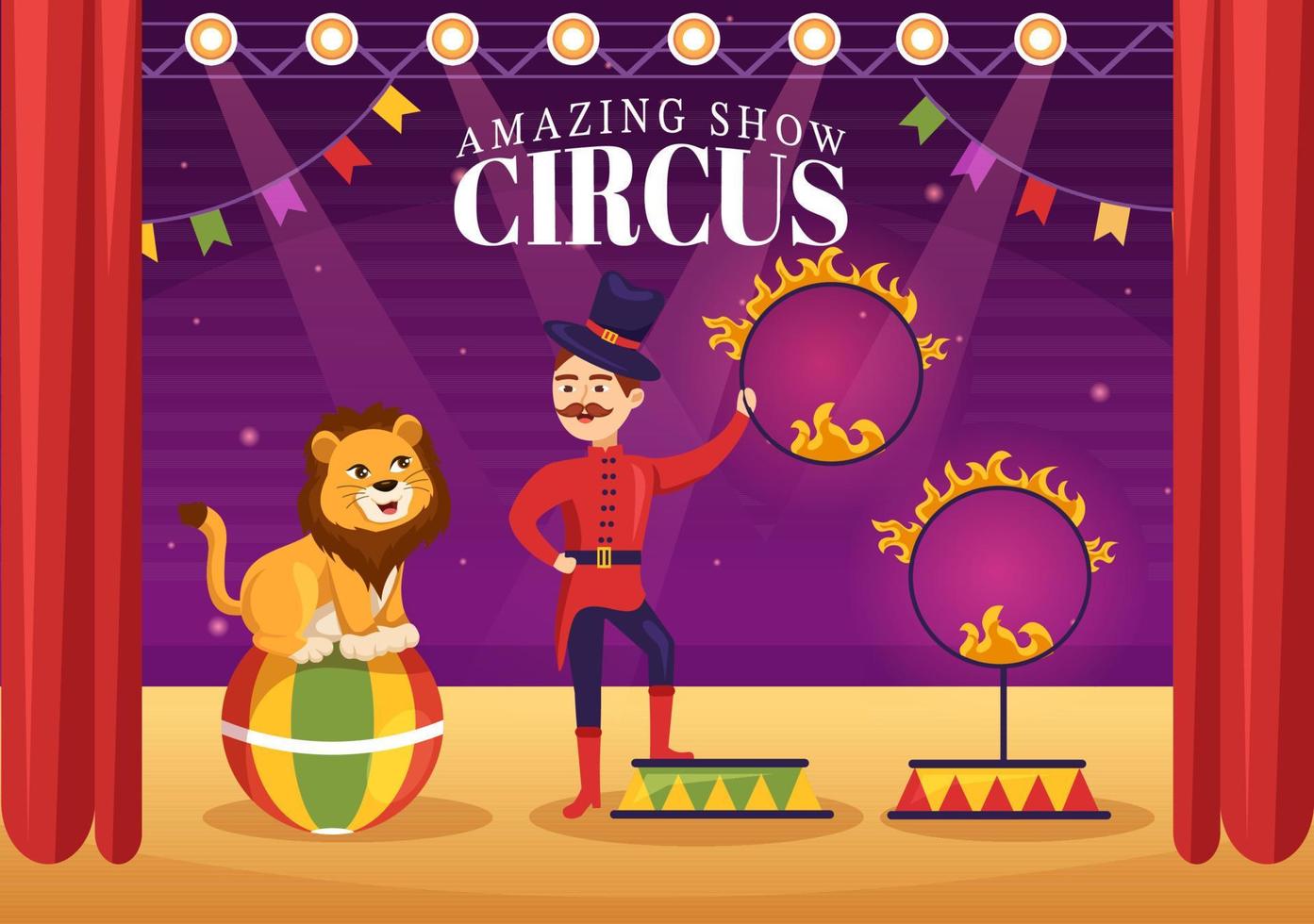 cirkus mall hand dragen tecknad serie platt illustration med visa av gymnast, trollkarl, djur- lejon, värd, underhållare, clowner och nöje parkera vektor