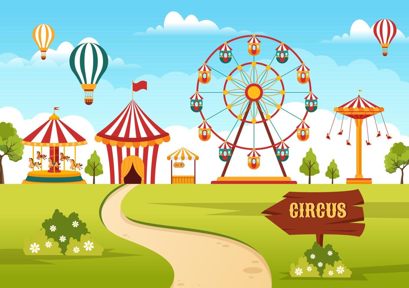 cirkus mall hand dragen tecknad serie platt illustration med visa av gymnast, trollkarl, djur- lejon, värd, underhållare, clowner och nöje parkera vektor