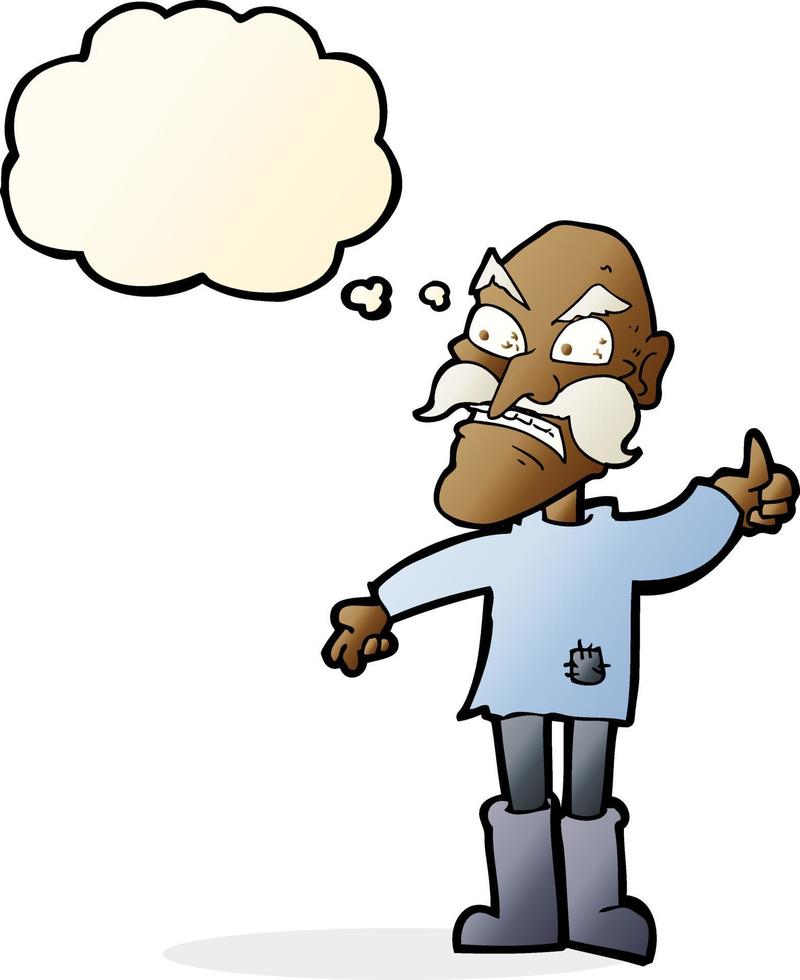 tecknad serie arg gammal man i lappat Kläder med trodde bubbla vektor