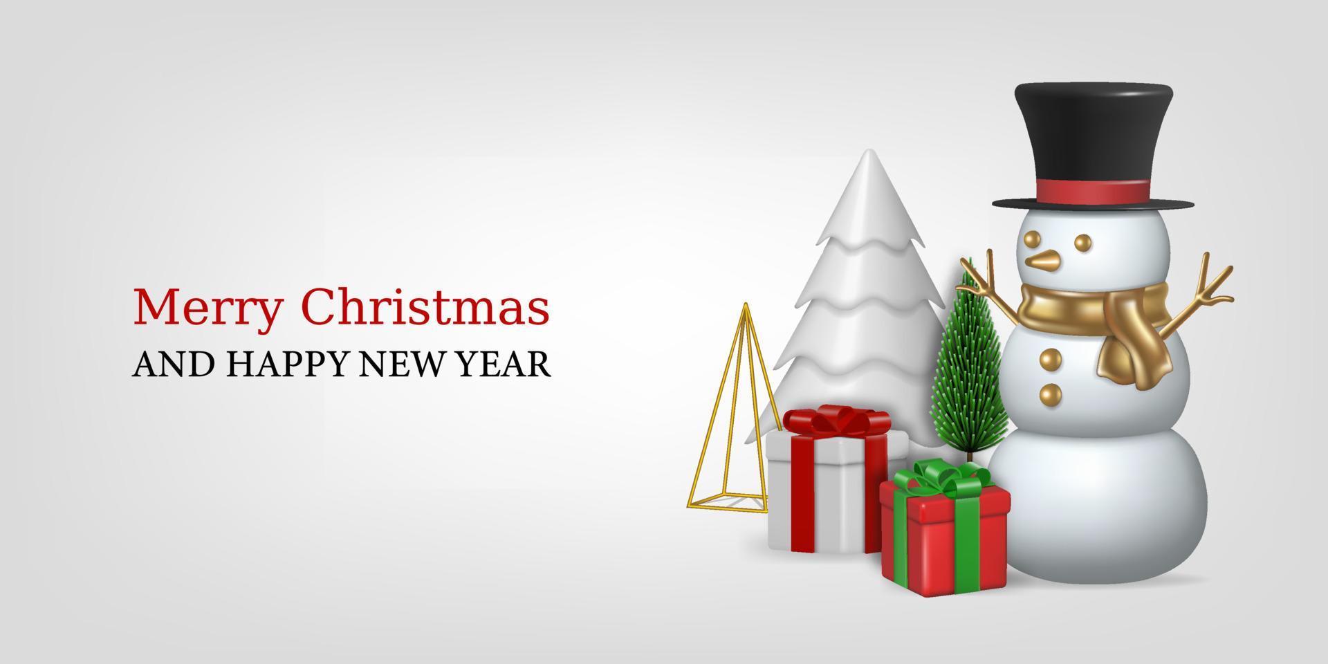 jul bakgrund med 3d element. jul baner med snögubbe, jul träd och gåva lådor vektor