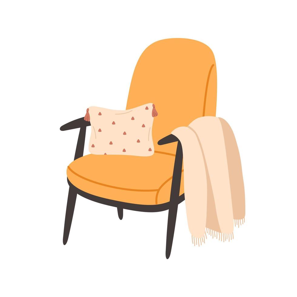 moderner sessel mit decke und dekorativem kissen. gemütliche moderne komfortable Möbel im Hygge-Stil. vektor