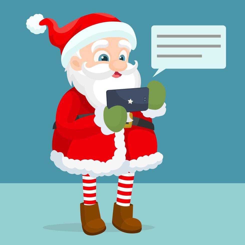 san claus mit mobiler app auf dem smartphone hat spaß vektor