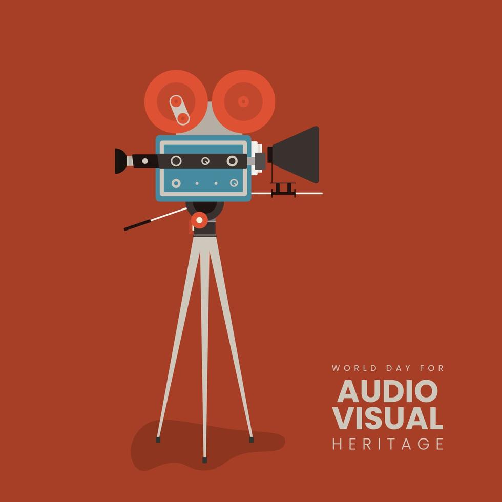Vintage-Kamera mit Stativdesign für den Welttag für audiovisuelles Erbe auf orangefarbenem Hintergrund vektor
