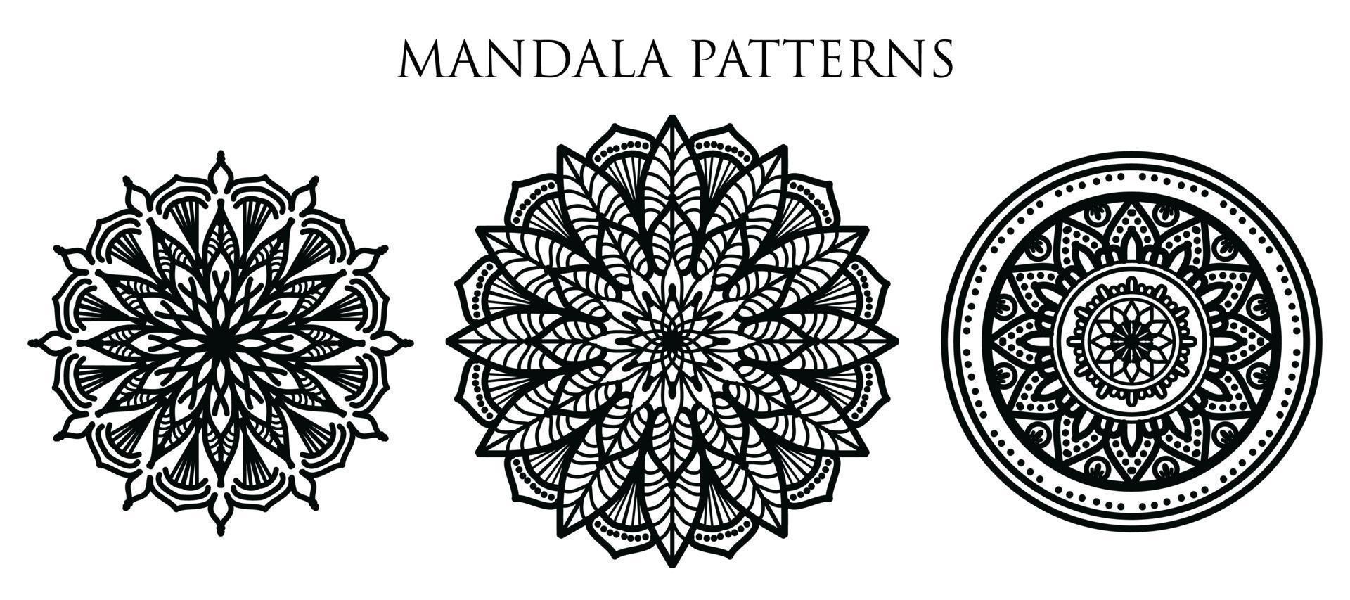 Luxuriöser dekorativer Mandala-Design-Hintergrund, Mandala-Design, Mandala-Muster-Malbuch-Kunst-Tapeten-Design, Fliesenmuster, Grußkarte, Set-Mandala-Design, Schwarz, Mandala-Design vektor