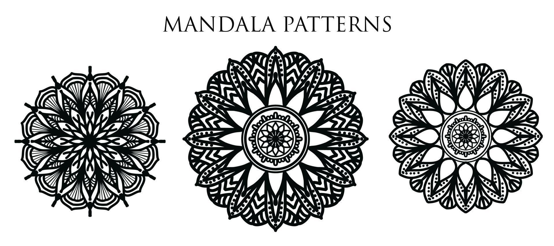 Luxuriöser dekorativer Mandala-Design-Hintergrund, Mandala-Design, Mandala-Muster-Malbuch-Kunst-Tapeten-Design, Fliesenmuster, Grußkarte, Set-Mandala-Design, Schwarz, Mandala-Design vektor