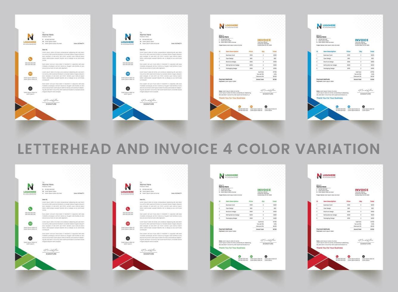 multipurpose företags- företag brev och faktura mall med a4 storlek. kreativ företags- modern brev och faktura design mall uppsättning med blå, grön, röd, och gul färger. vektor