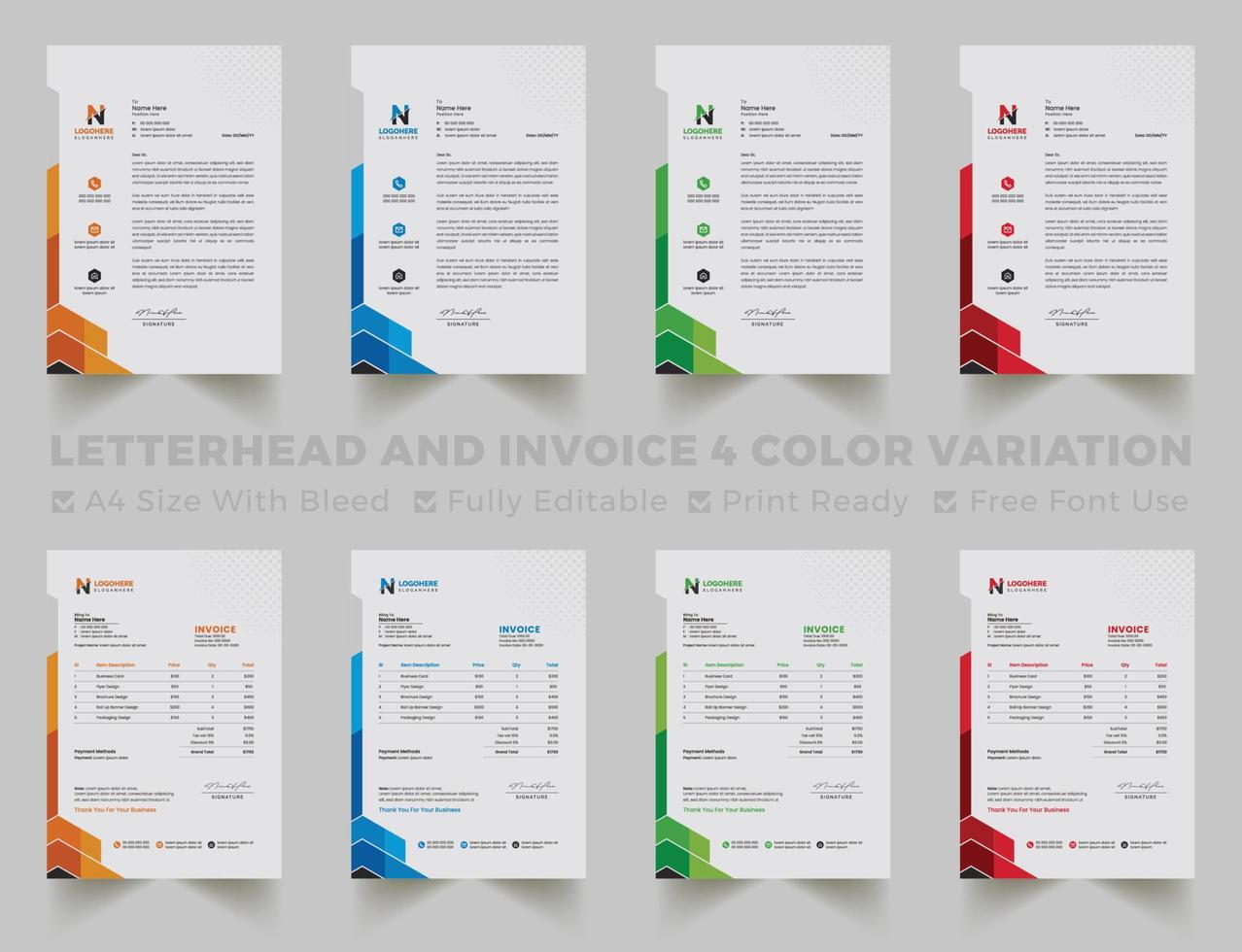 Mehrzweck-Briefkopf und Rechnungsvorlage für Unternehmen im A4-Format. kreatives modernes briefkopf- und rechnungsdesign-vorlagenset mit blauen, grünen, roten und gelben farben vektor