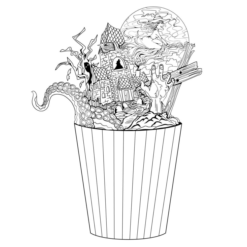 Horror-Popcorn. abstrakte illustration für einen gruseligen film in einer popcorntasse. Thriller Geschichten. Horrorfilmfestival. vektor