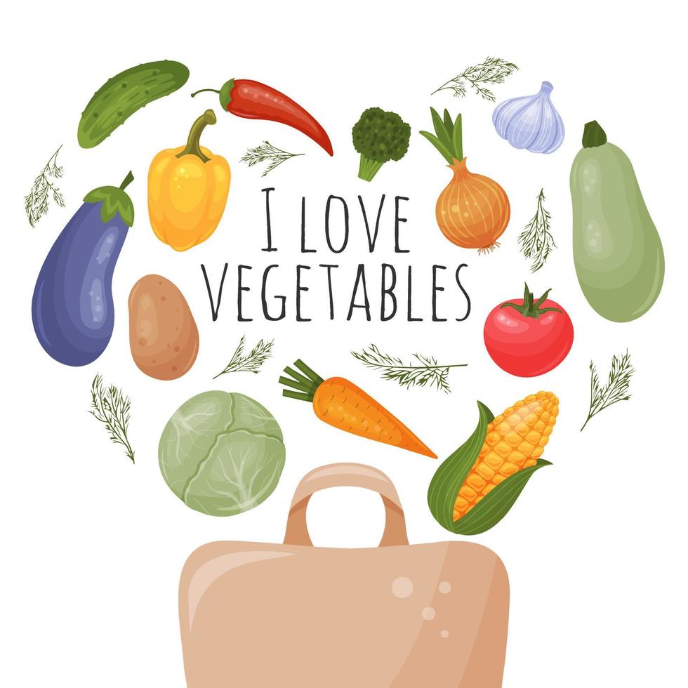 handla miljövänlig papper väska och grönsaker. organisk grönsaker från mataffär. jag kärlek grönsaker. vektor illustration. isolerat på vit. tecknad serie stil.