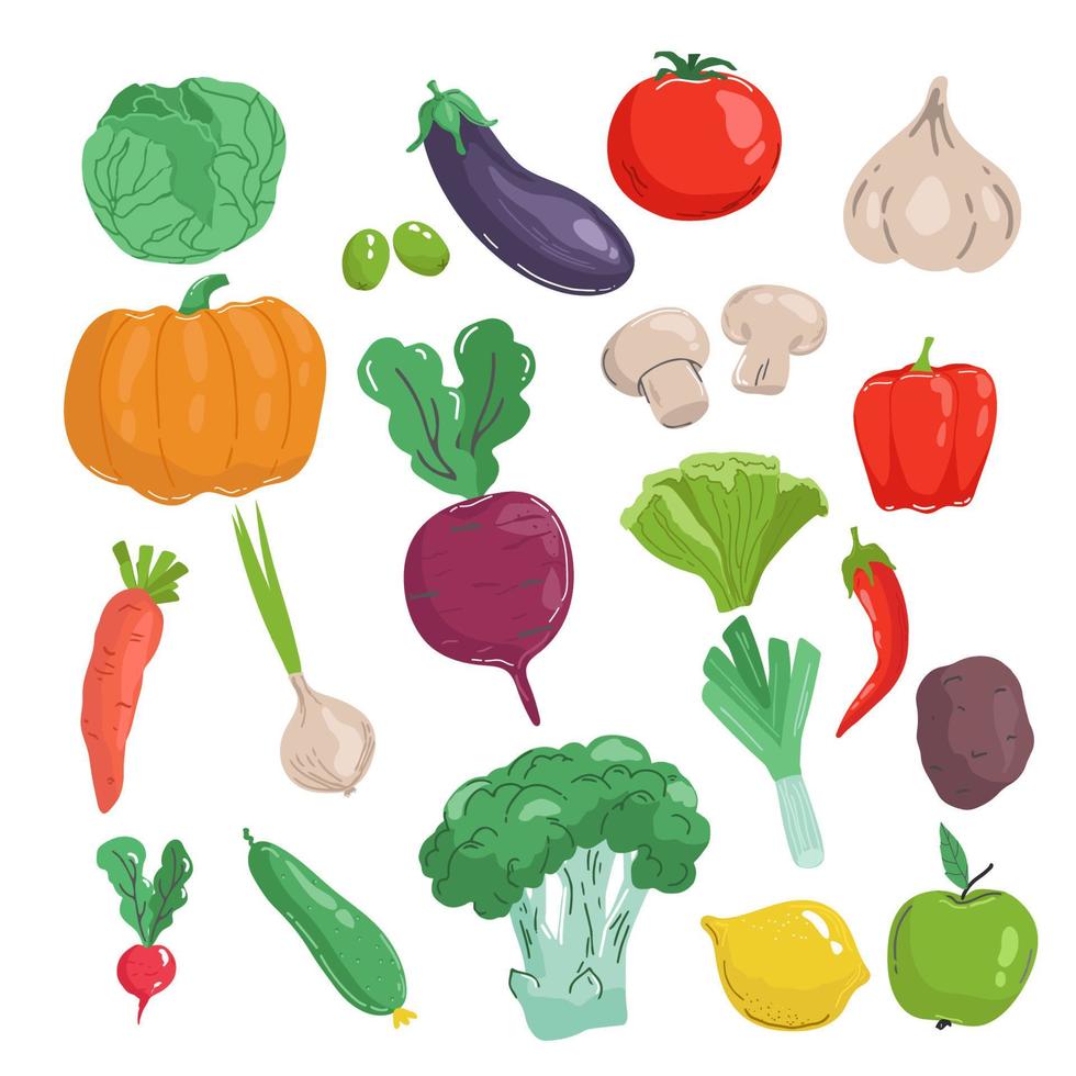 hand dragen vegetabiliska uppsättning, tecknad serie stil vektor illustration isolerat på vit bakgrund. färsk, organisk, utsökt grönsaker, friska vegetarian mat. vegan meny. tomat, äggplanta, pumpa, vitlök..