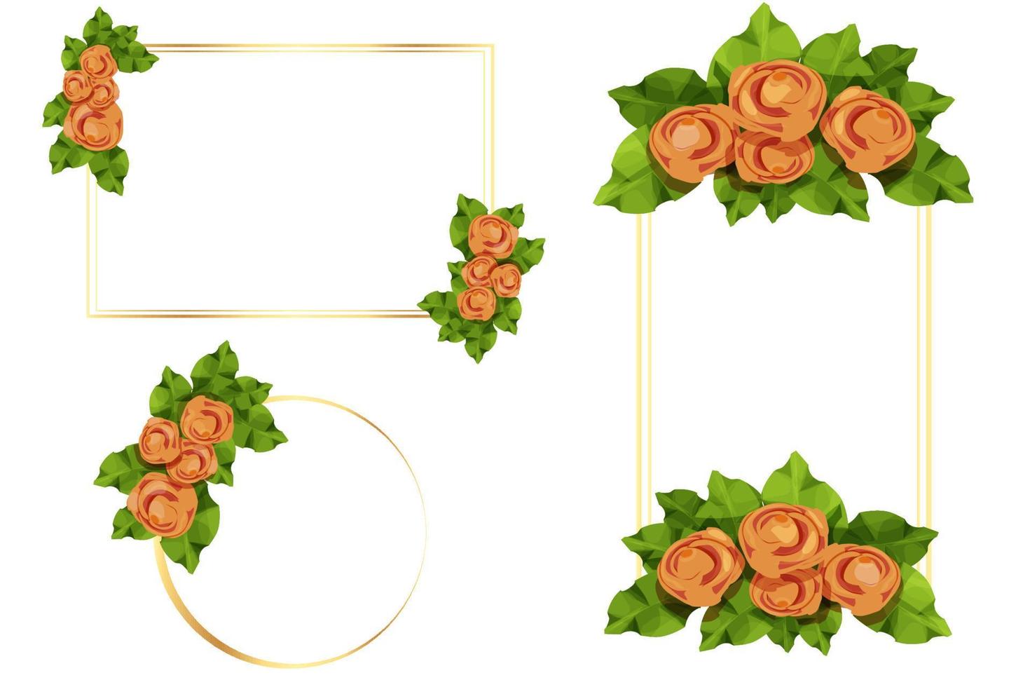 Stellen Sie den goldenen Rahmen ein, der mit den Rosenblumen und -blättern im Karikaturart lokalisiert auf weißem Hintergrund verziert wird. vorlage für gruß, einladung. Vektor-Illustration vektor