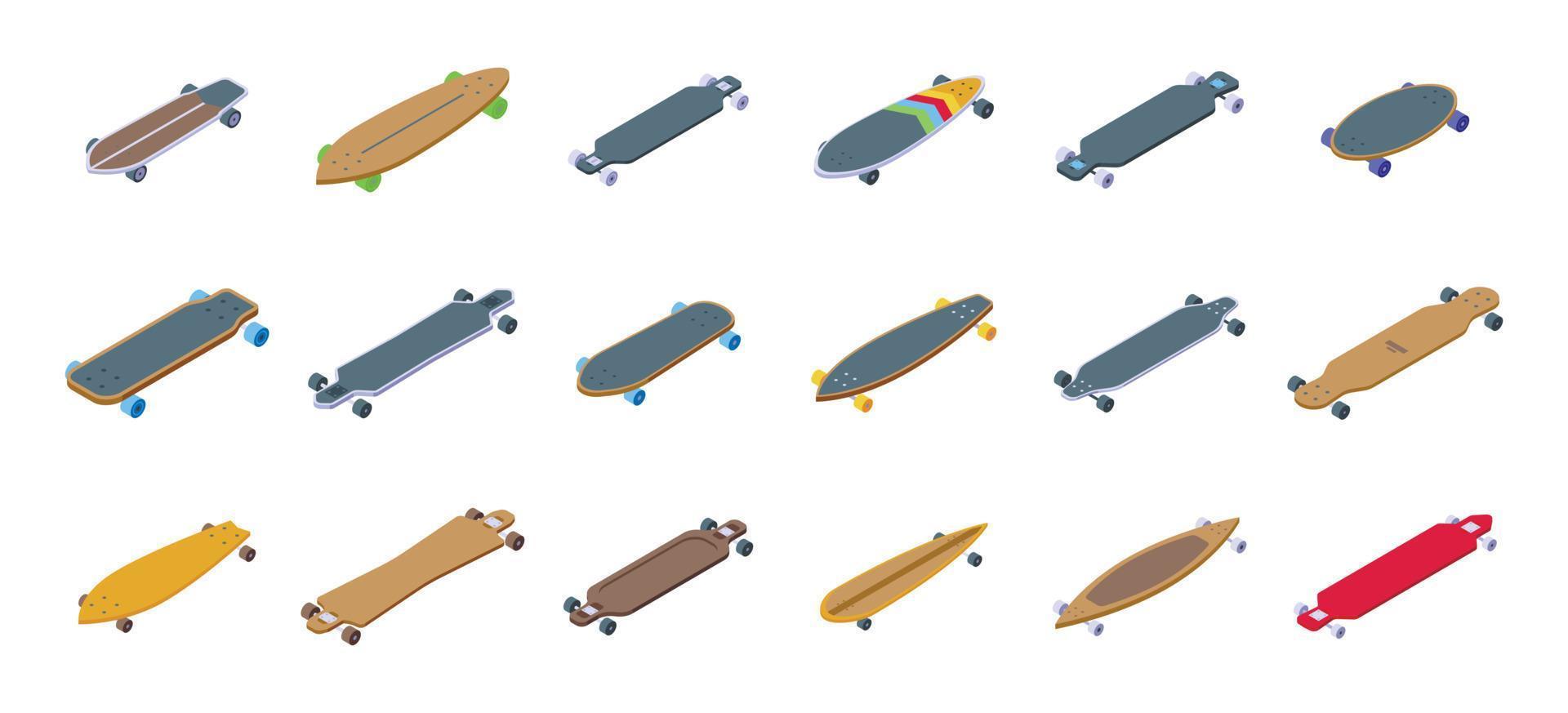 longboard ikoner uppsättning isometrisk vektor. skateboard vektor