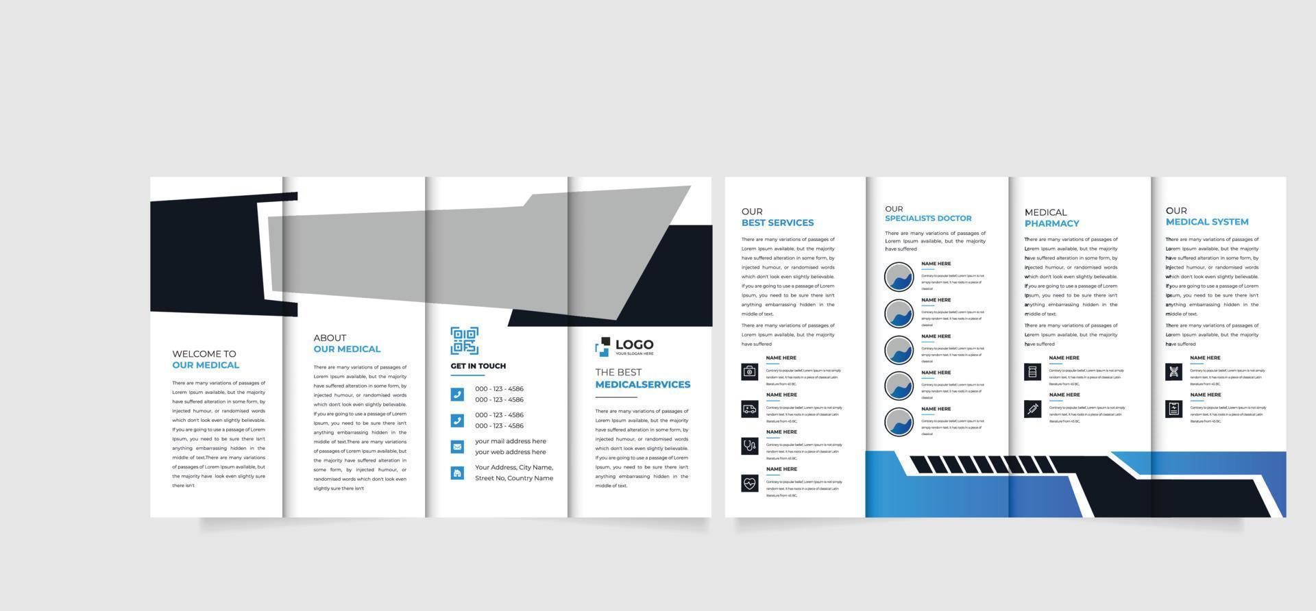 medicinsk och sjukhus fyrfaldig broschyr design mall, modern omslag broschyr flygblad design mall vektor