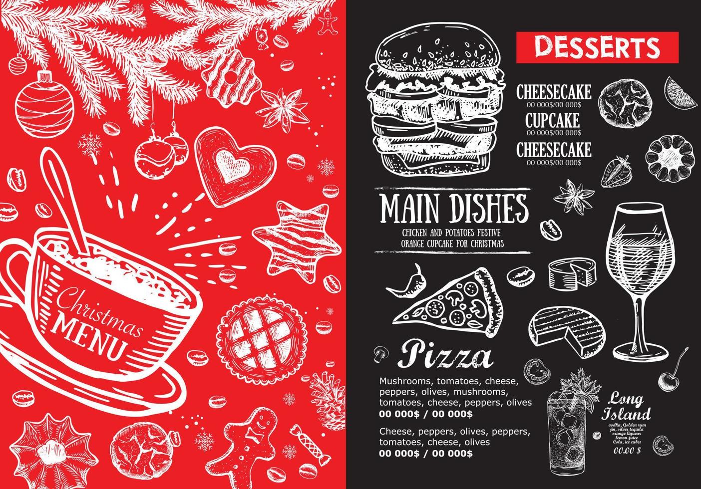 Weihnachtsmenü Café. Lebensmittel-Flyer. Speisekarte. Vorlagendesign. vektor