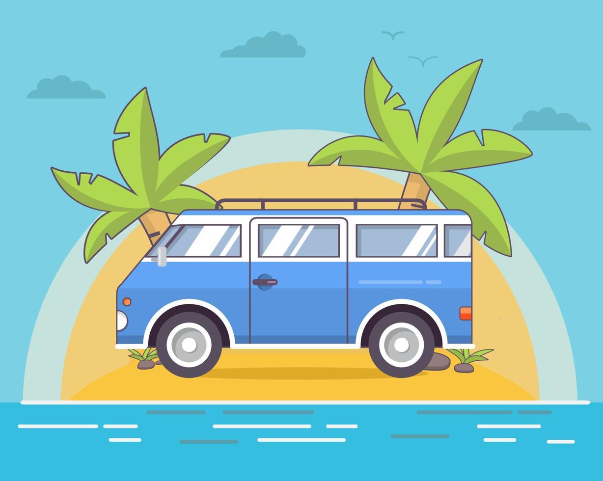 vintage van retro.road trip.tropical island palm tree.summer sea landscape.flat banner. vektor